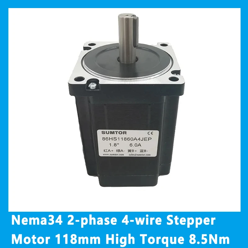 Nema34 2-phase 4-wire Stepper Motor 118mm High Torque 8.5Nm 1.8 Degree 6A Shaft Length 37mm Keyway Shaft 14mm Hybrid Motor