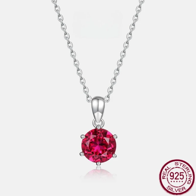 

New S925 sterling silver fashionable red gemstone six claw inlaid colorful gemstone necklace retro style wedding jewelry