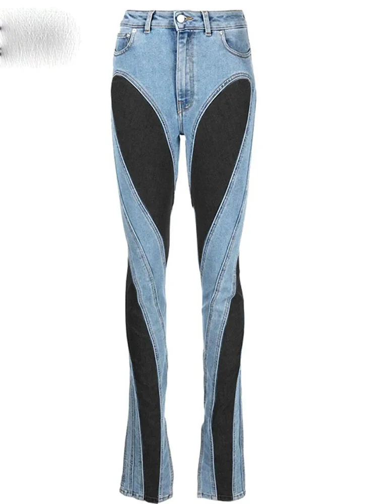 Jeans da donna a blocchi di colore firmati Slim Decostruisci con pannelli patchwork a vita alta Pantaloni lunghi in denim blu divisi Autunno