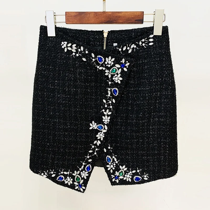 

Heavy Embellished Diamond Short Skirt Asymmetrical Woolen Midi Skirt Celebrity Fashion New Arrival for Women's Autumn Wear