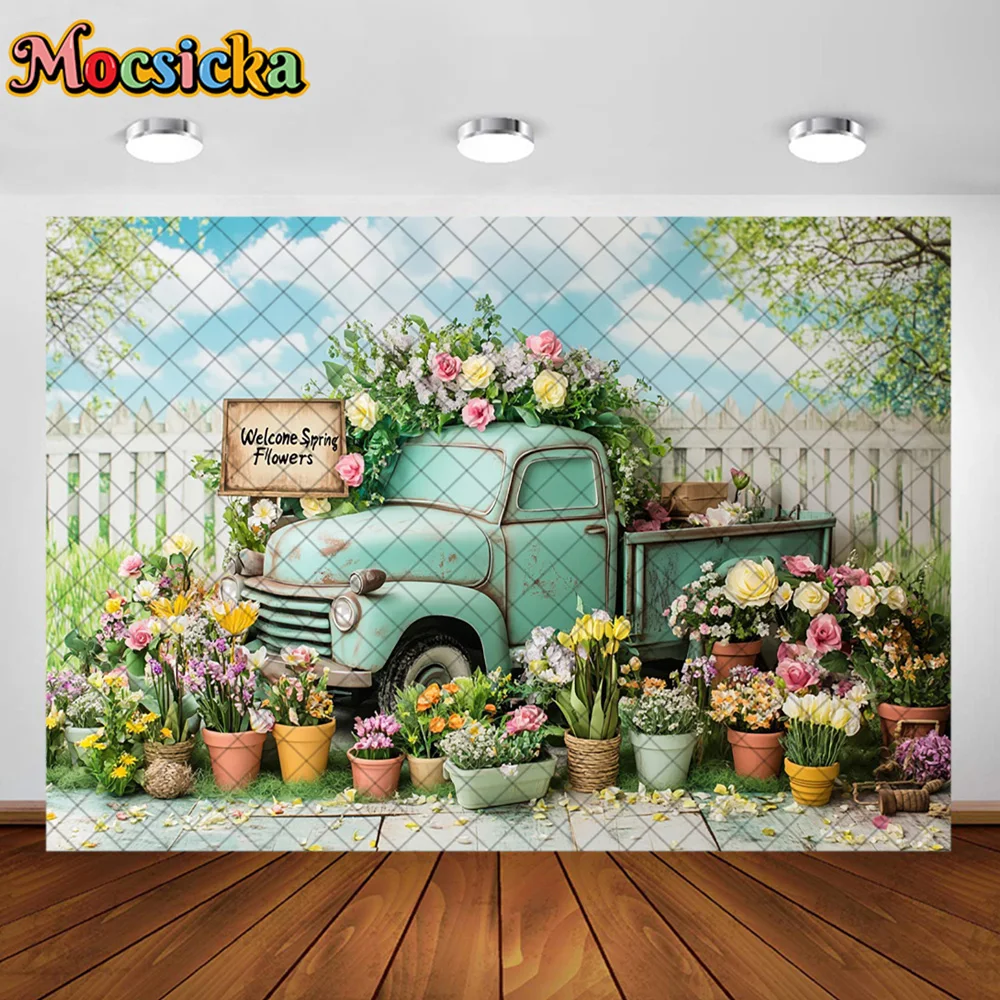 Mocsicka การถ่ายภาพพื้นหลังฤดูใบไม้ผลิดอกไม้รถบรรทุกรถตกแต่งฉากหลังเด็กผู้ใหญ่วันหยุดภาพสตูดิโอ Props