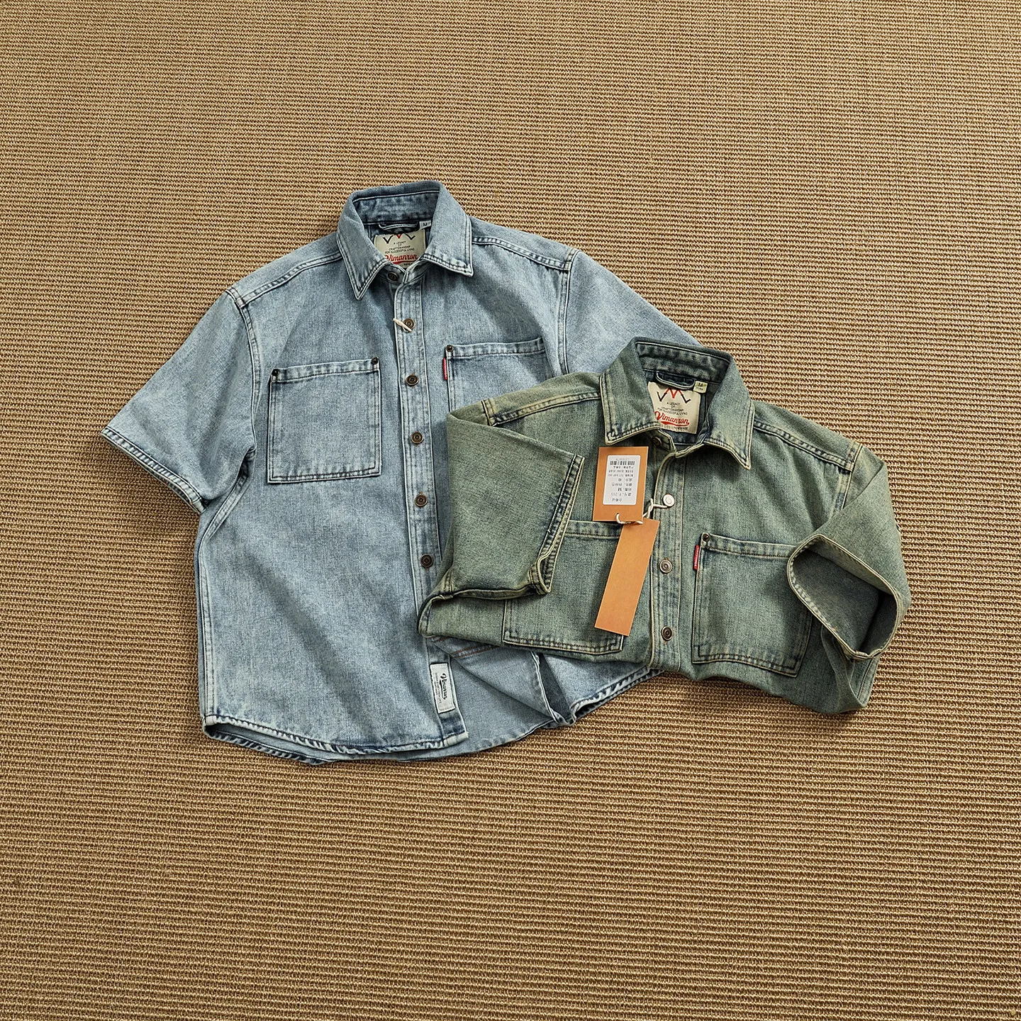Summer New American Retro Short Sleeve Lapel Double Pocket Denim Cargo Shirt Men's Amekaji 100% Cotton Washed Casual Loose Tops