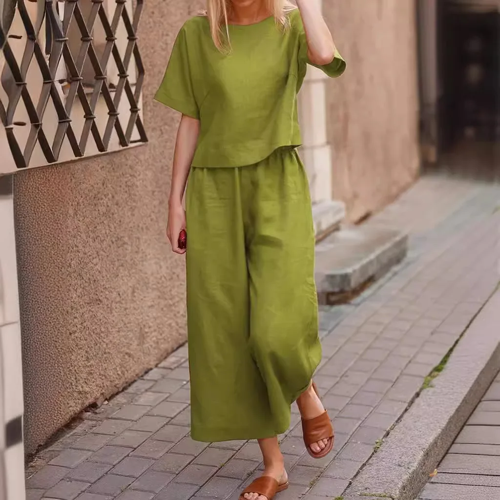 2024 New Top Pants Casual Set Loose Solid Color Shirt And Pants Cotton Linen Two Piece Set S-3XL Conjuntos De Verano Para Mujer