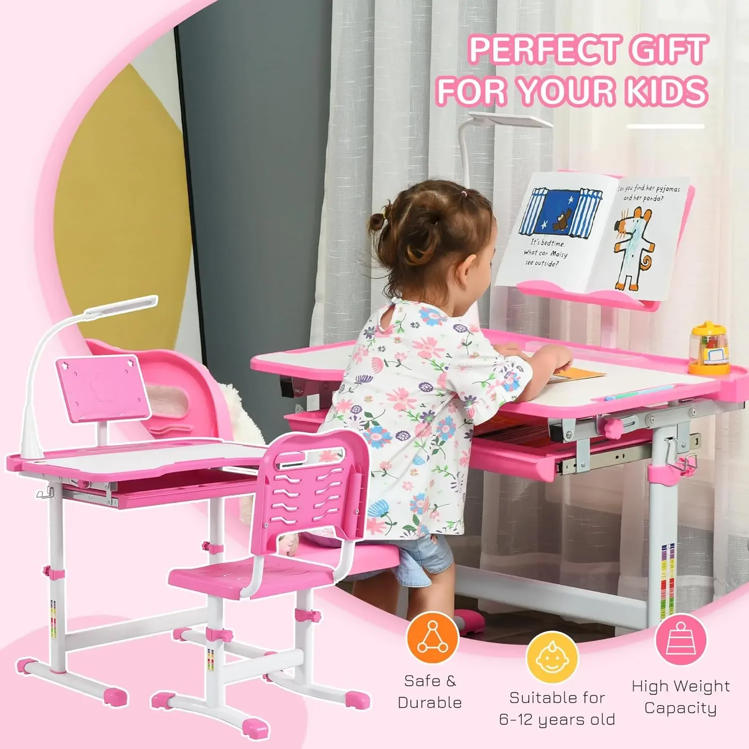 Kids Desk and Chair Set, Height Adjustable School Desk Chair Set with Tilt Desktop, USB Light, Storage Drawer for Study