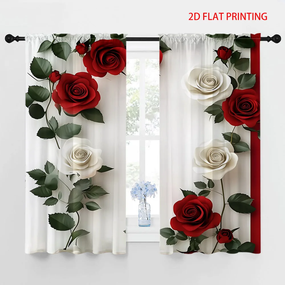 Elegant Rose Floral Print Curtains Pair Window Drapes for Home Decor Living Room Bedroom Curtain Panels Realistic Aesthetic Art