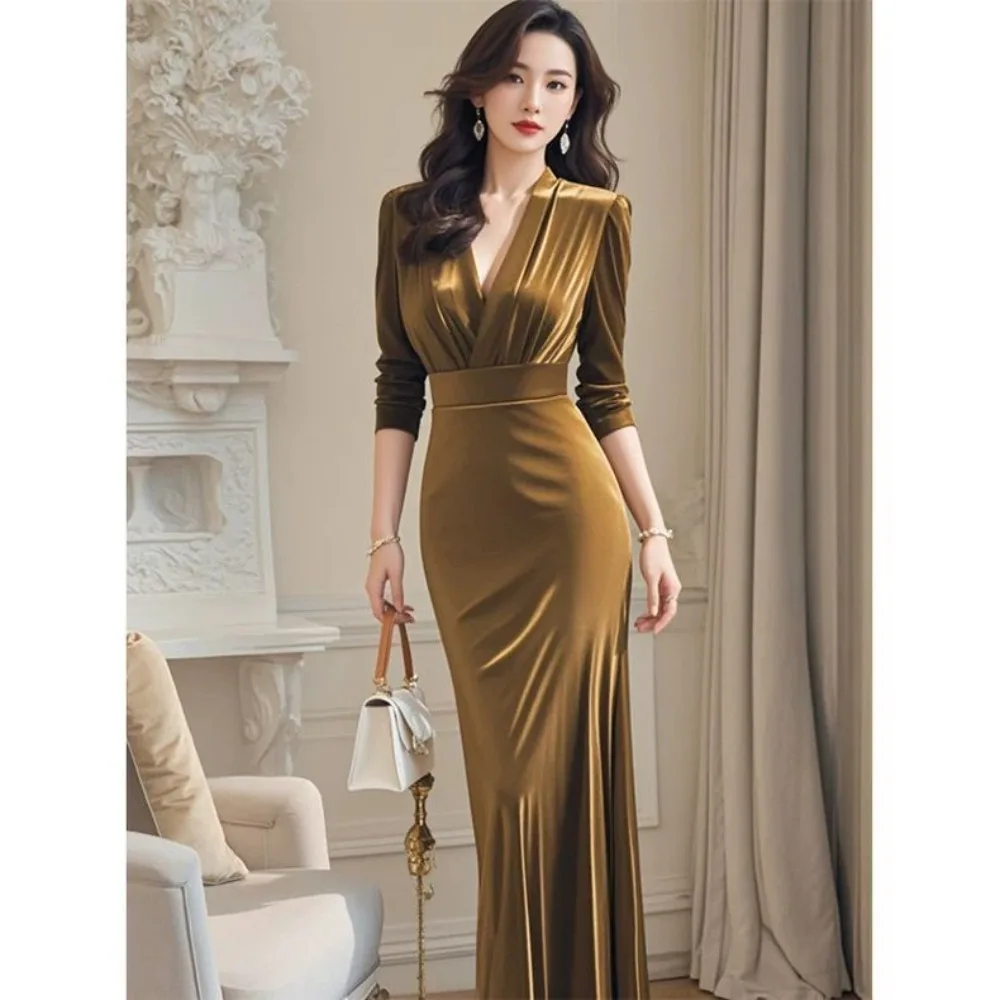 ‌ فستان على الطراز الفرنسي - ذهبي رمادي داكن فاخر، فستان سهرة أنيق، فساتين حفلات أنيقة بأكمام طويلة