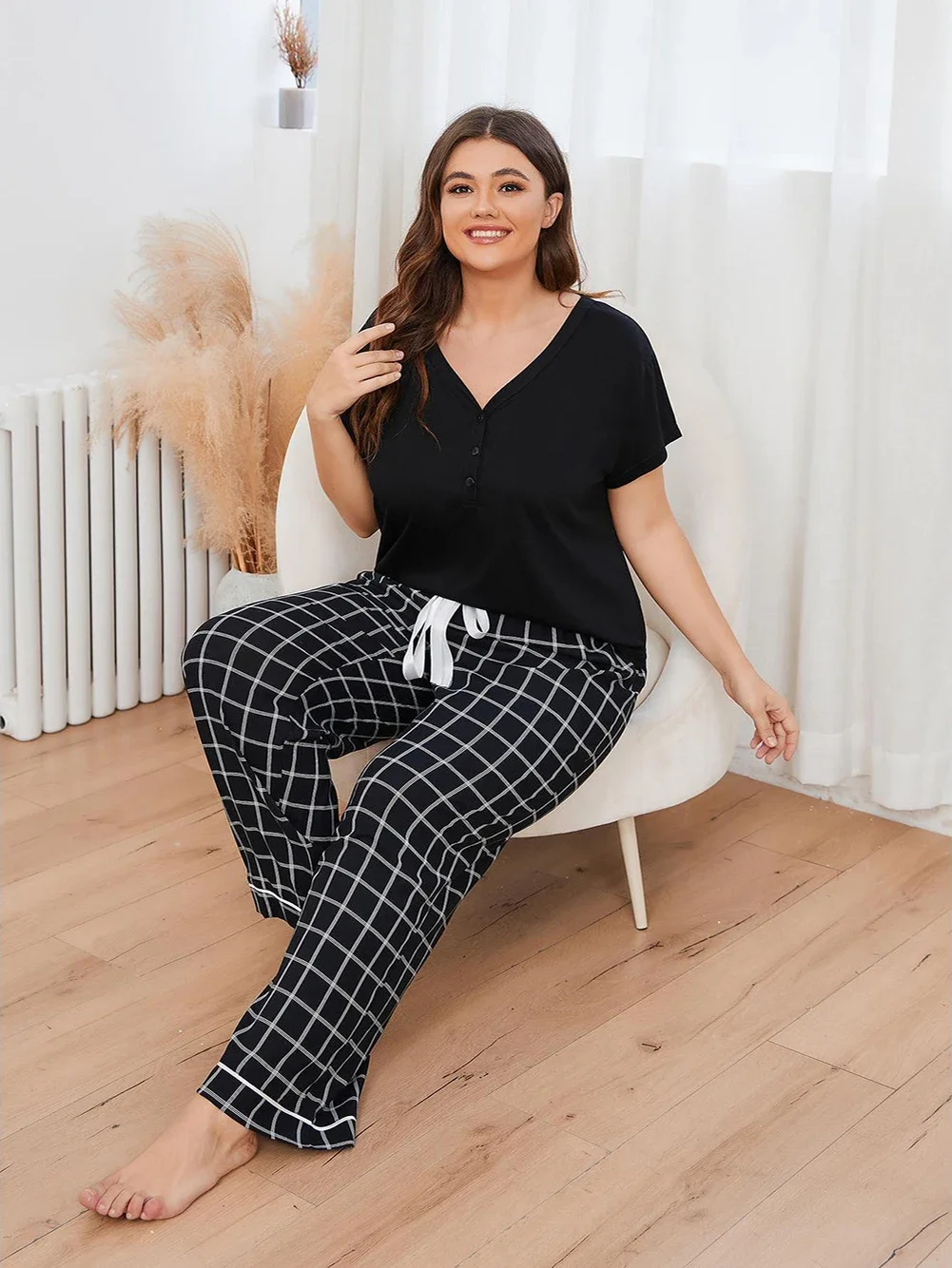 Leopard Plaid Pajamas for Women Short Sleeve Tee Pants Sets Loose Lounge Wear Pyjama Casual Nightwear Big Size Home Clothes