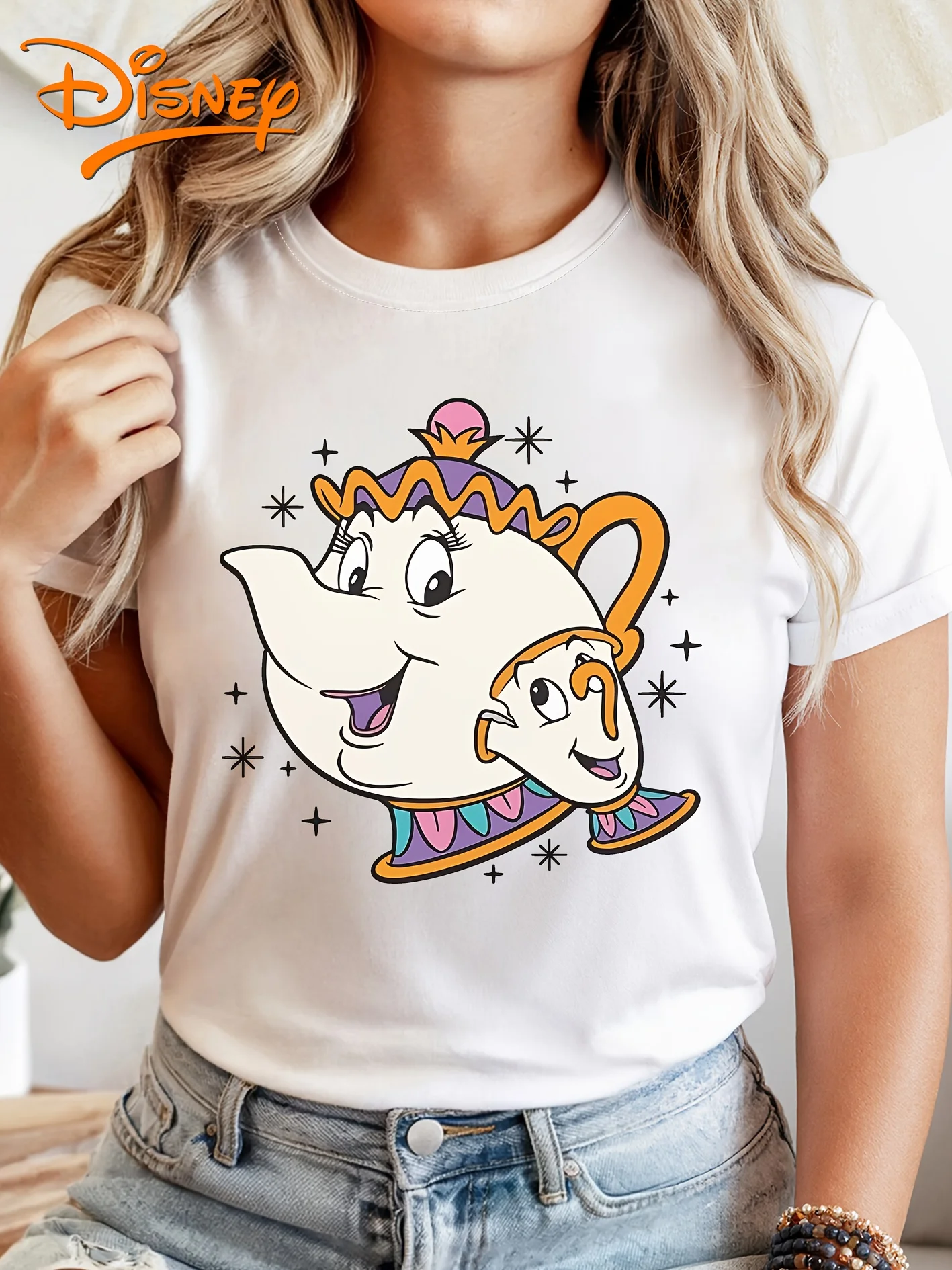

Disney Beauty and the Beast Mrs Potts & Her Son Achille T Shirt Vintage Women's Men Cotton Tees Short Sleeve O-Neck Tops Casual