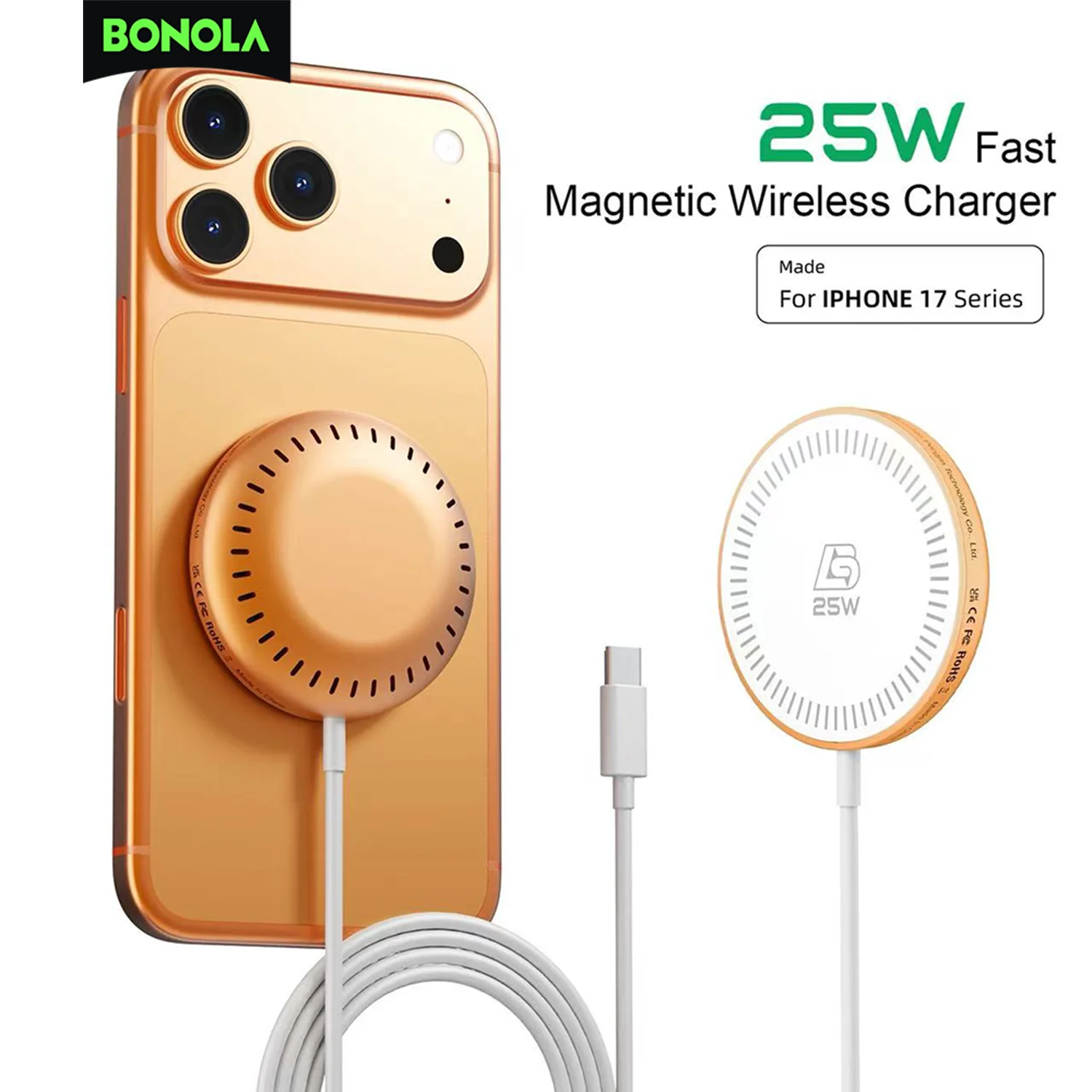 

Беспроводное зарядное устройство Bonola Magentic 25 Вт для iPhone 17Pro Max/17Pro/17, портативное магнитное зарядное устройство с быстрой беспроводной зарядкой и кабелем