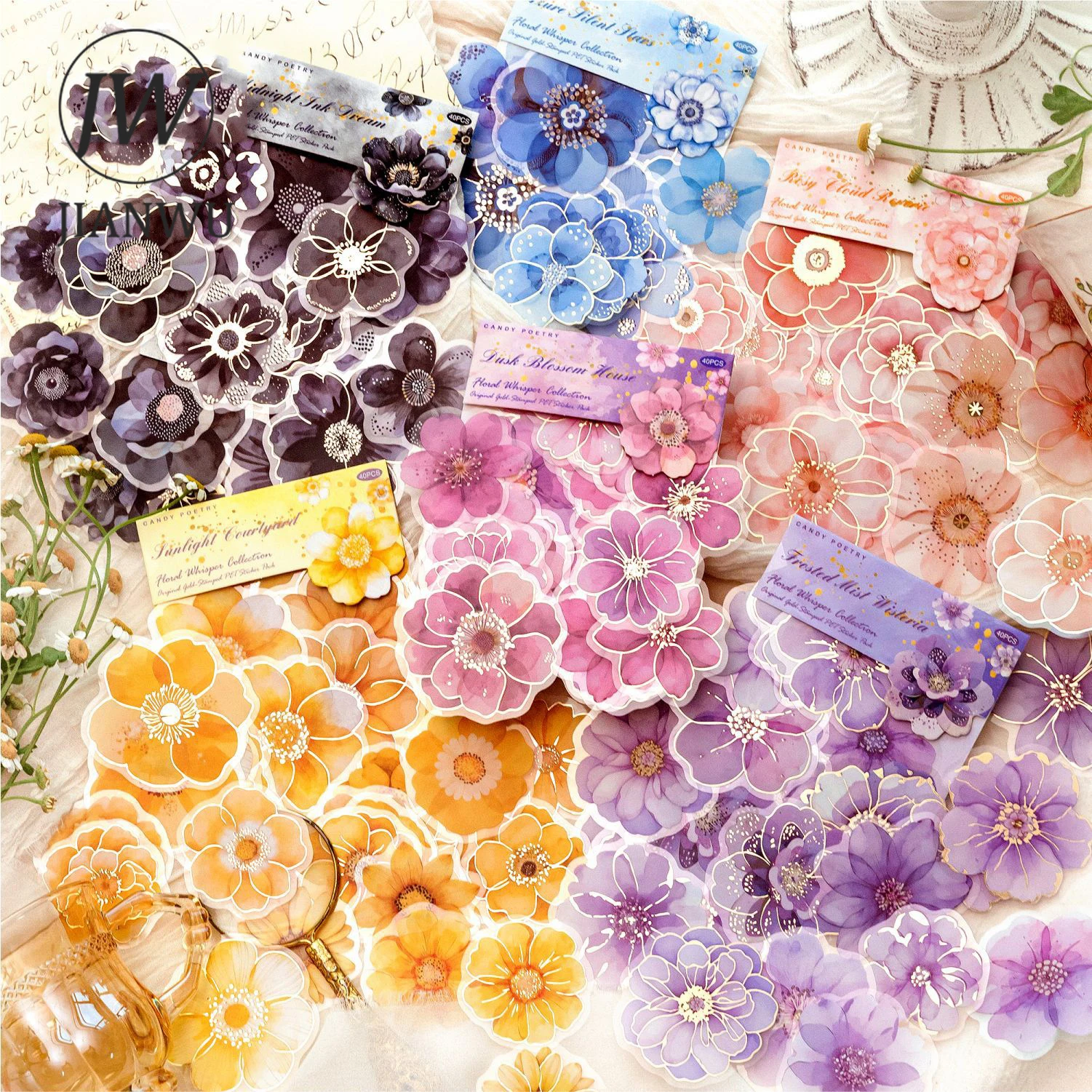 JIANWU Blooming Flower and Whisper Series Vintage Floral Landscape Material Collage PET Sticker Creative DIY Journal Stationery