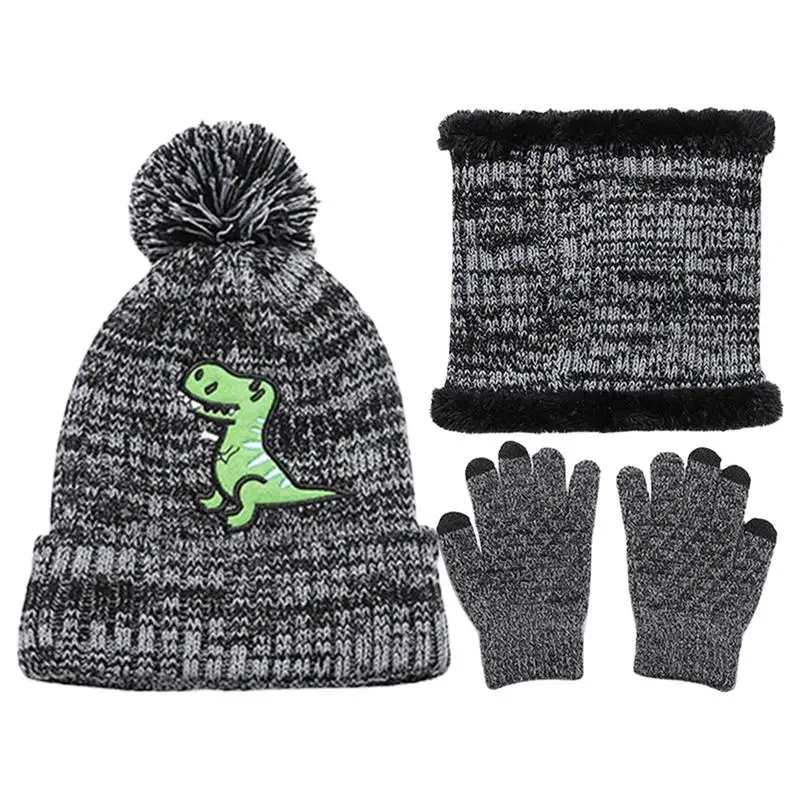 Hut Schal Handschuhe Set für Kinder gestrickte Schal Handschuhe mit niedlichen Dinosaurier Druck Winter Geschenke Hals Schals für Jungen Mädchen 2-8 Winter