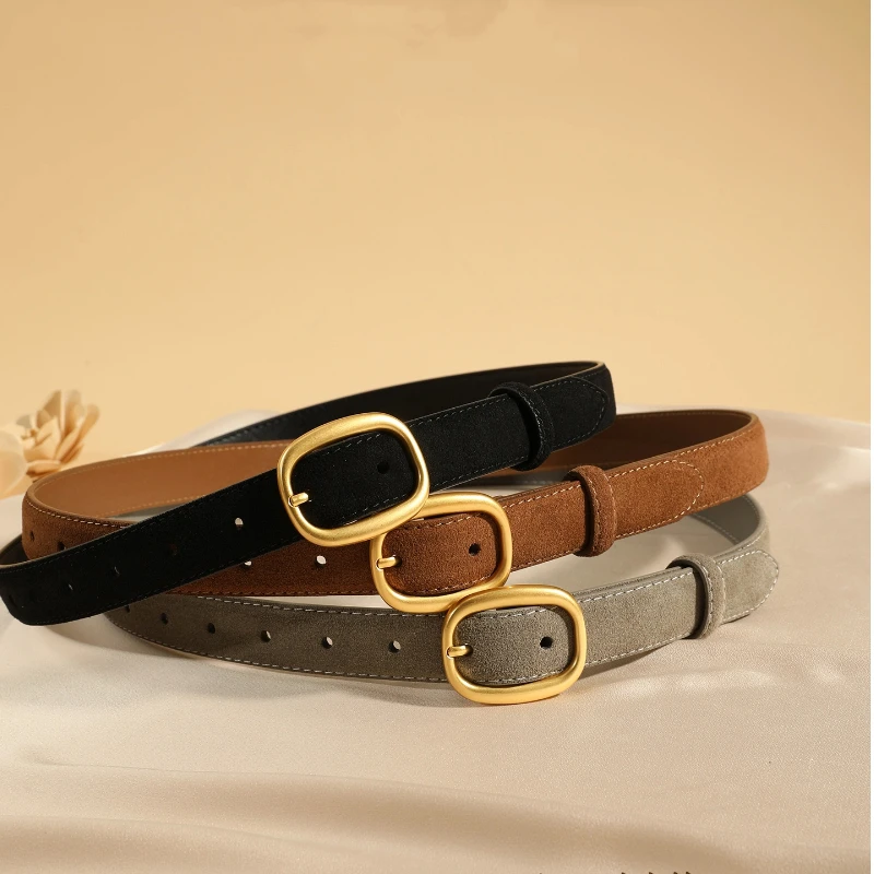Sabuk Wanita Gaya Vintage - Kulit Suede Rusa dengan Gesper Oval Emas untuk Celana Jeans