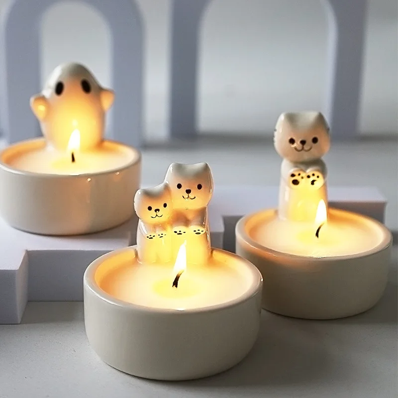 Ins Cartoon Cat Fire Ceramic Candlestick Crafts Household Decoration Atmosphere Holiday Gift High Temperature Resistance