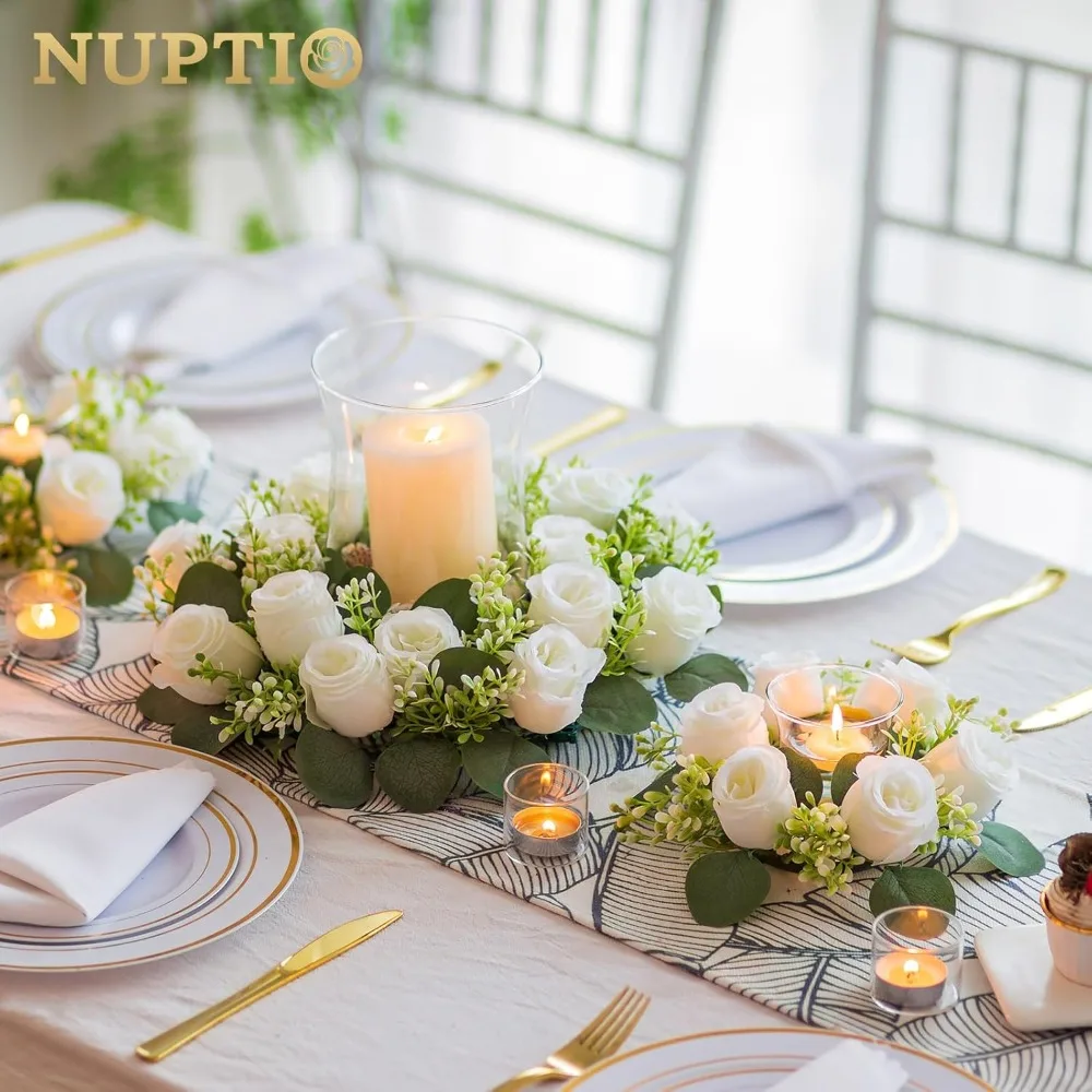 

Flower Wedding Centerpieces for Tables - 10 Pcs 14 inch Diam Large White Artificial Flowers Fake Roses Candle Rings