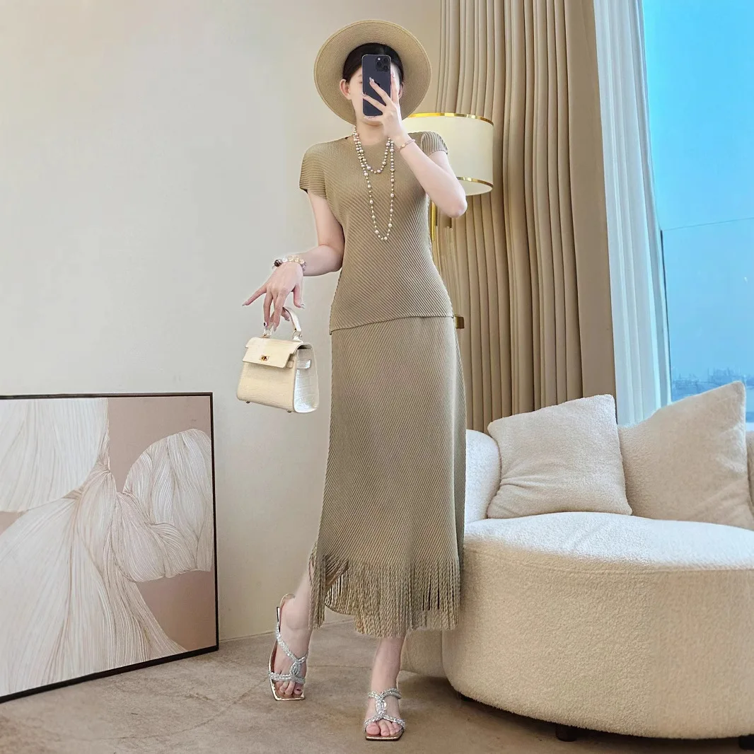 Miyake Pleated Summer Loose Women's Clothing Elastic Slim Temperament High-end Skirt Set Fringed Skirt Two-piece Set