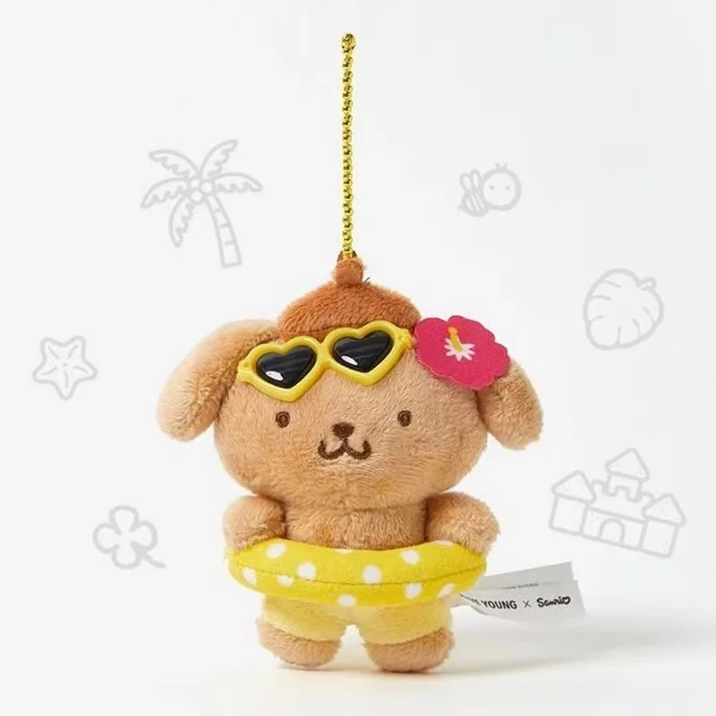 Sanrio Kawaii Hawaii Swim Ring Pompompurin Peluche bambola Ciondolo carino Pelle scura Budino Cane peluche Portachiavi Borse di pezza Borsa Fascino