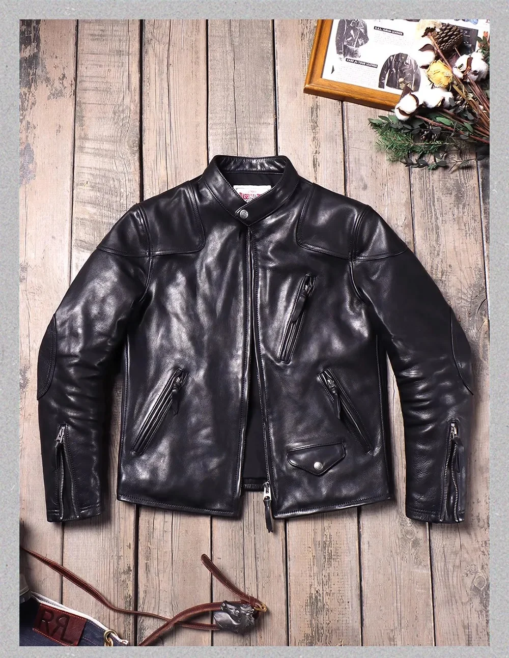 Shop Best.Luxury natural tanned calfskin clothing.Classic moto Rider real leather jacket.Vintage slim fit cowhide jacket