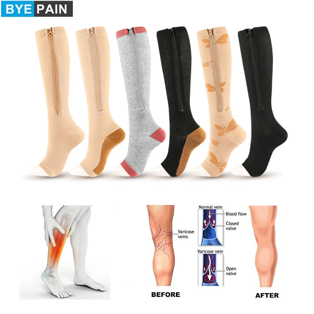 

BYEPAIN 1Pair Zipper Compression Socks Stockings Sports Pressure Long Cycling Socks Professional Leg Support Thick Women Socks