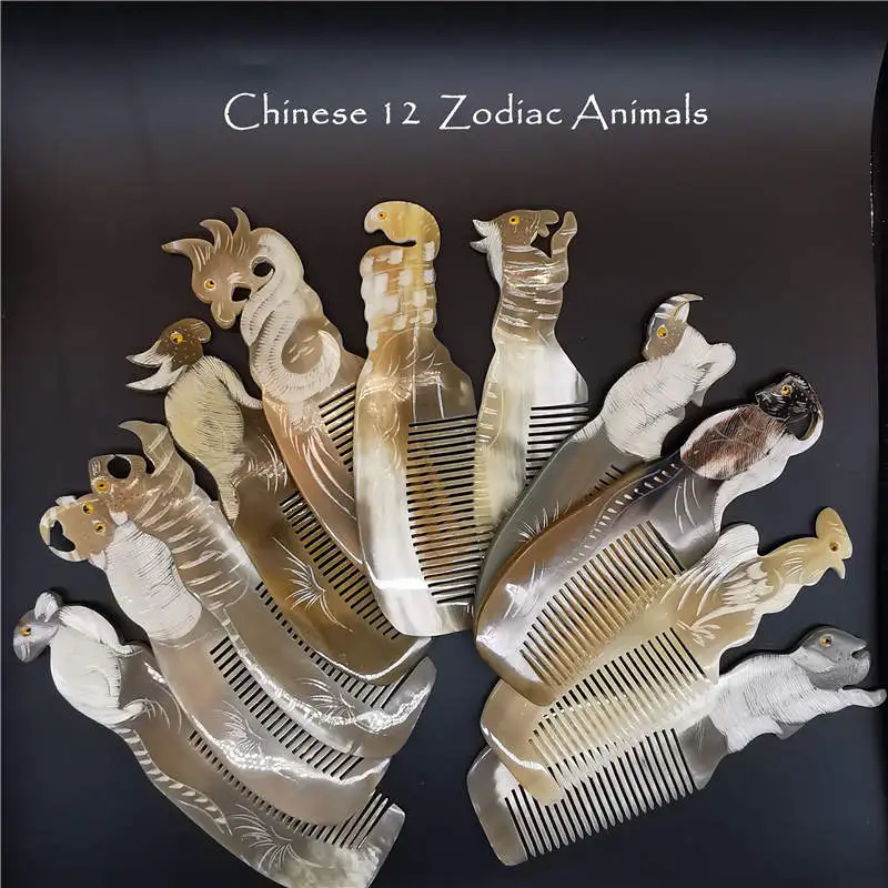 12PCS Natural Black Buffalo Carved Chinese 12 Zodian Animals Set Comb Heathy Gift Combs L001