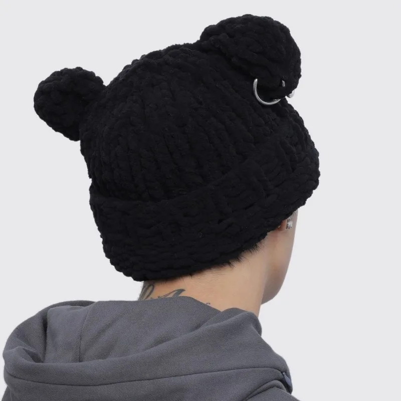 New Abi Style Bear Ear Balaclava Beanies Women Handmade Chain Circle Knitted Hat Party Chenille Warm Ear Protection Skullies Cap