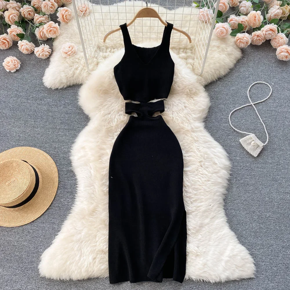 Summer Knit Sexy Strap Dress Women Hollow Out Elatic Waist Bodycon Sundress Female Beach Split Backless Long Dress