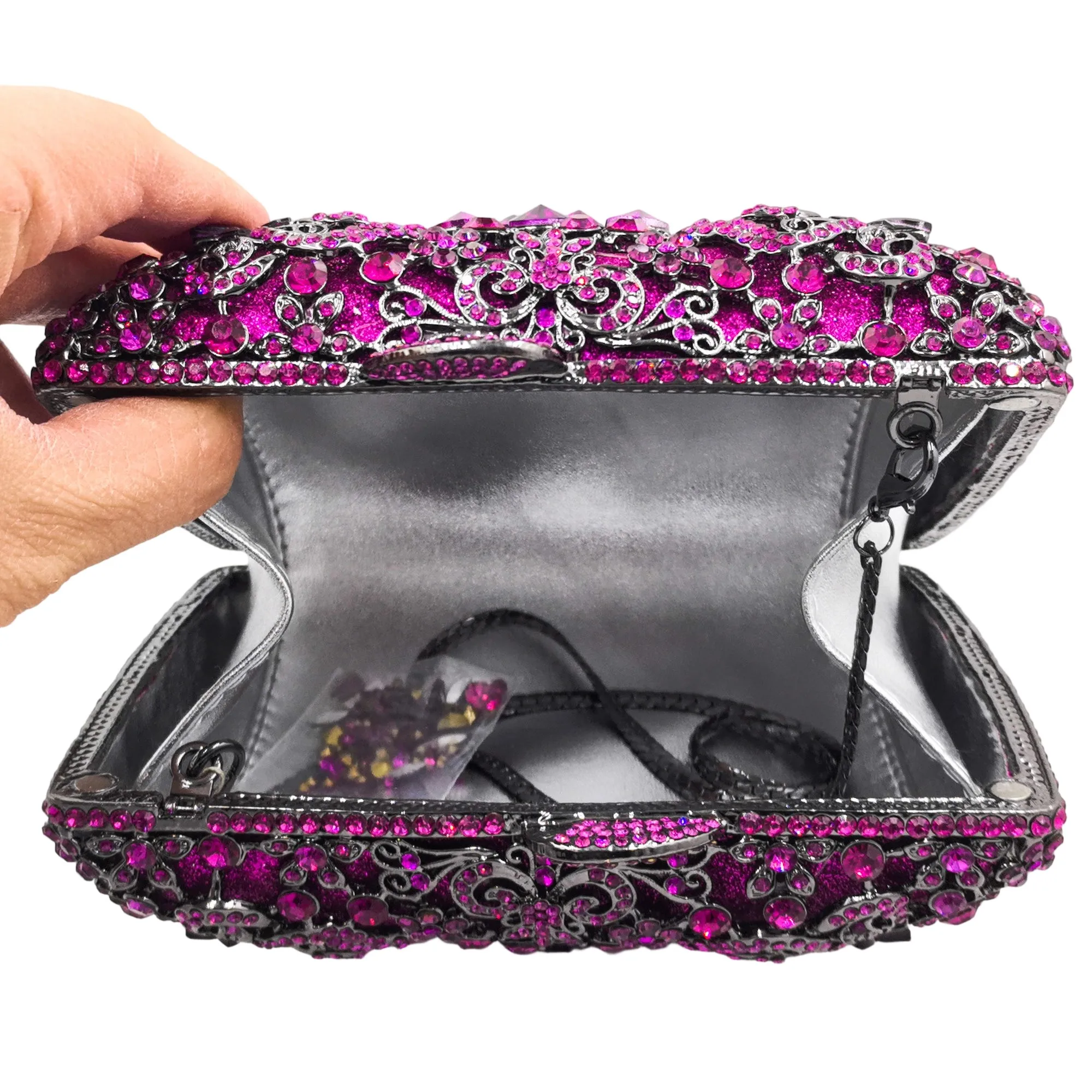Boutique de FGG Lilac Rhinestone Clutch-Geldbörsen für Damen, Mini Butterfly Purple Abendhandtaschen, Violet Party Minduere Handtasche – Detail 9