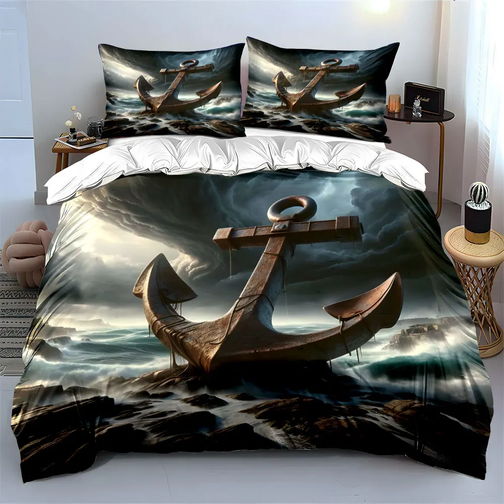 Giant anchor in raging waves Print Soft Comfortable Duvet Cover Bedding Set Included 1*Duvet Cover  2*Pillowcases Luxury gifts