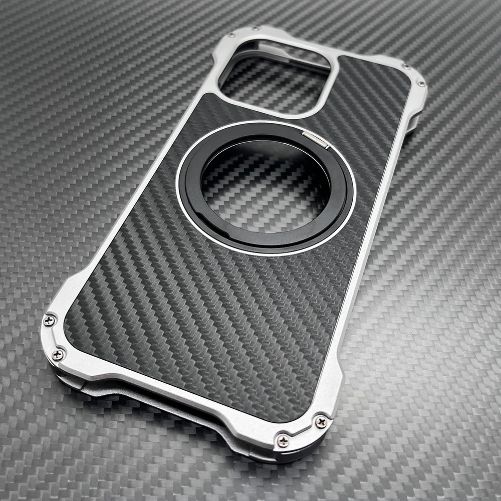 R-JUST Phone Case For iPhone 16 15 14 13 Pro Max Aluminum Metal Bumper Shockproof Protection Carbon Fiber Cover With Ring Holder