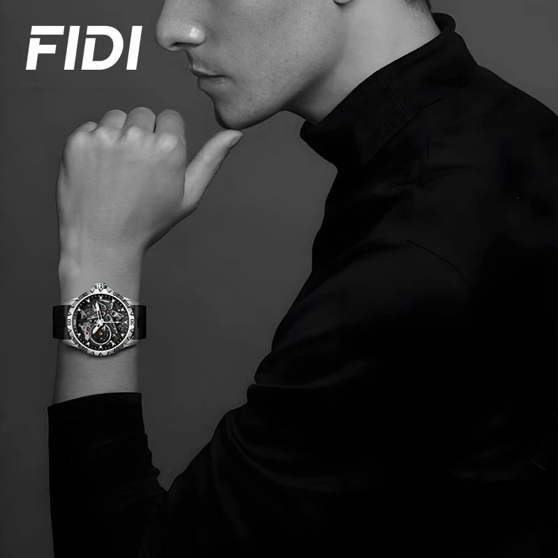 FIDI Luxury Watch Men Fashion Hollow Dial Automatic Mens Watch Mechanical Watches Silicone Men Waterproof Male Wristwatch FD103