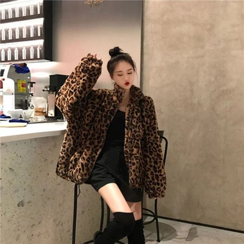 Leoparden muster Plüsch Kunst pelz Jacke Frauen Stehkragen warme Parkas Herbst Winter koreanische weibliche lose Lamm wolle Kunst pelz Mäntel