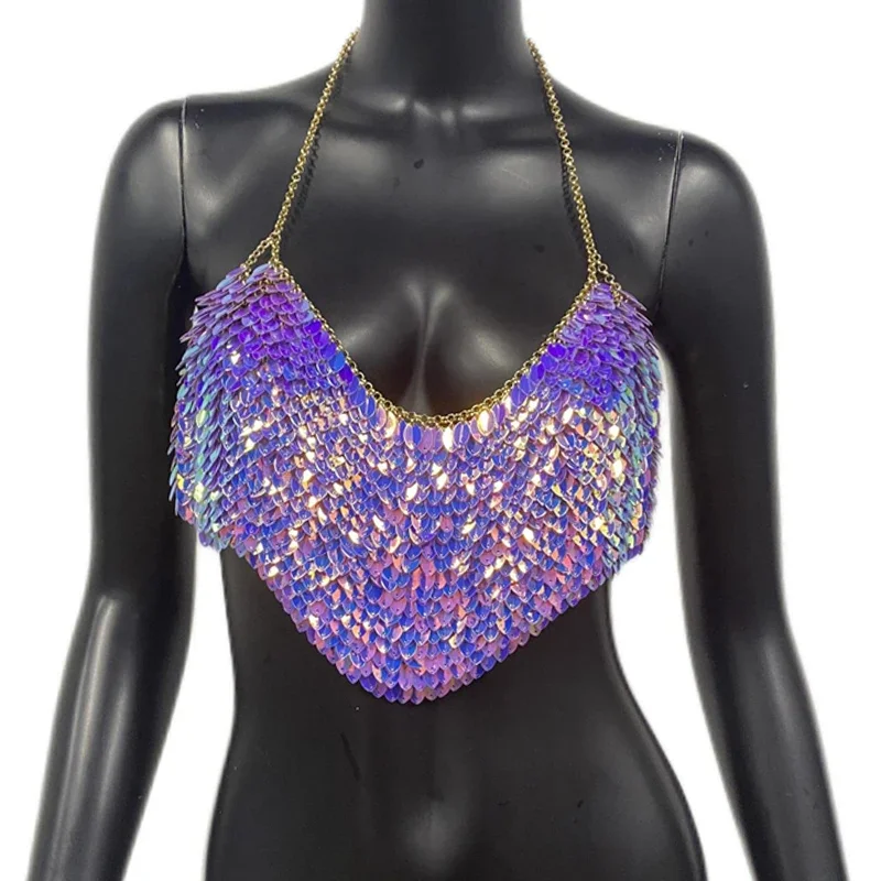 

Сексуальный укороченный топ с металлическими блестками и корсетом для женщин, лето 2025 г., блестящий клубный вечерний пляжный топ с лямкой на шее, топы на бретельках с открытой спиной, праздничные рейв-наряды