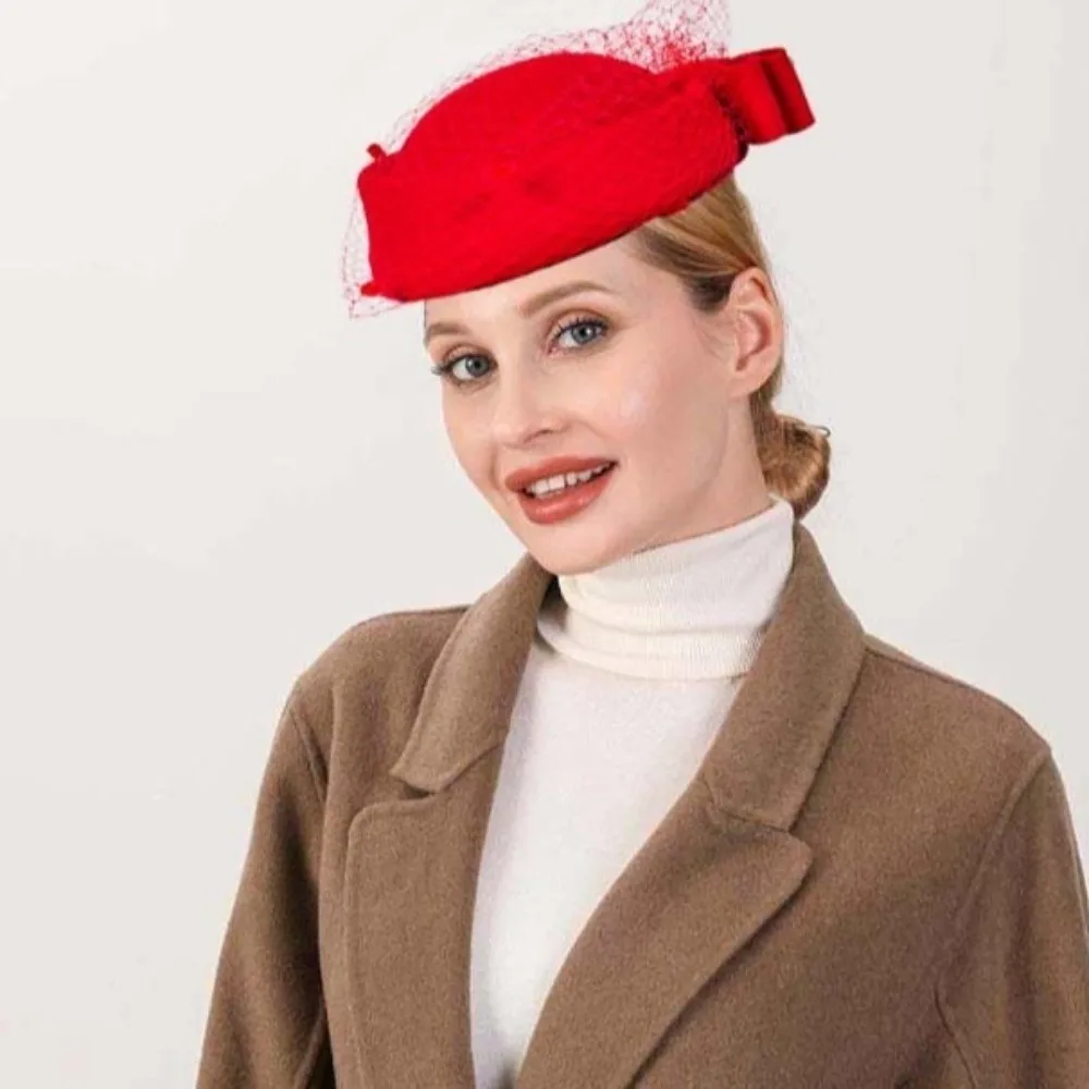 Jazz Hat Mesh Wool Bow Hat with Veil Solid Color Cashmere Pillbox Hat British Style Photography Decoration Topper Hat Wedding