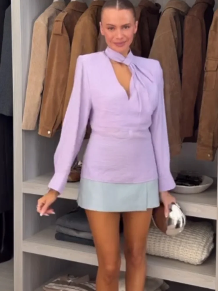 

HH Women Fashion Loose High-Necked V-tie Shoulder Pad Hanging Shirt Female Spring High Street Casual Long Sleeve Solid Shirt