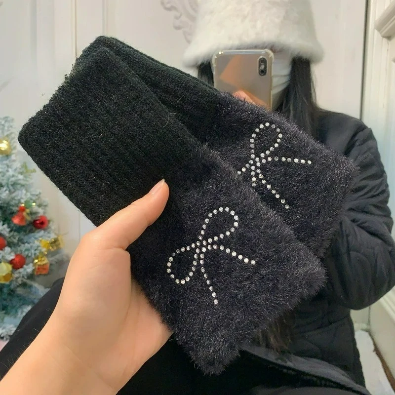 Winter Bogen Strass Halbe Finger Handschuhe Frauen Süße Gestrickte Fingerlose Kristall Bowknot Band Handschuhe Winter Verdicken Fäustlinge