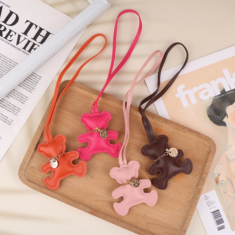 Cute PU Leather Bear Keychain Trendy Leather Keyring For Women Bag Pendant Backpack Hanging Decoration Girls Gift