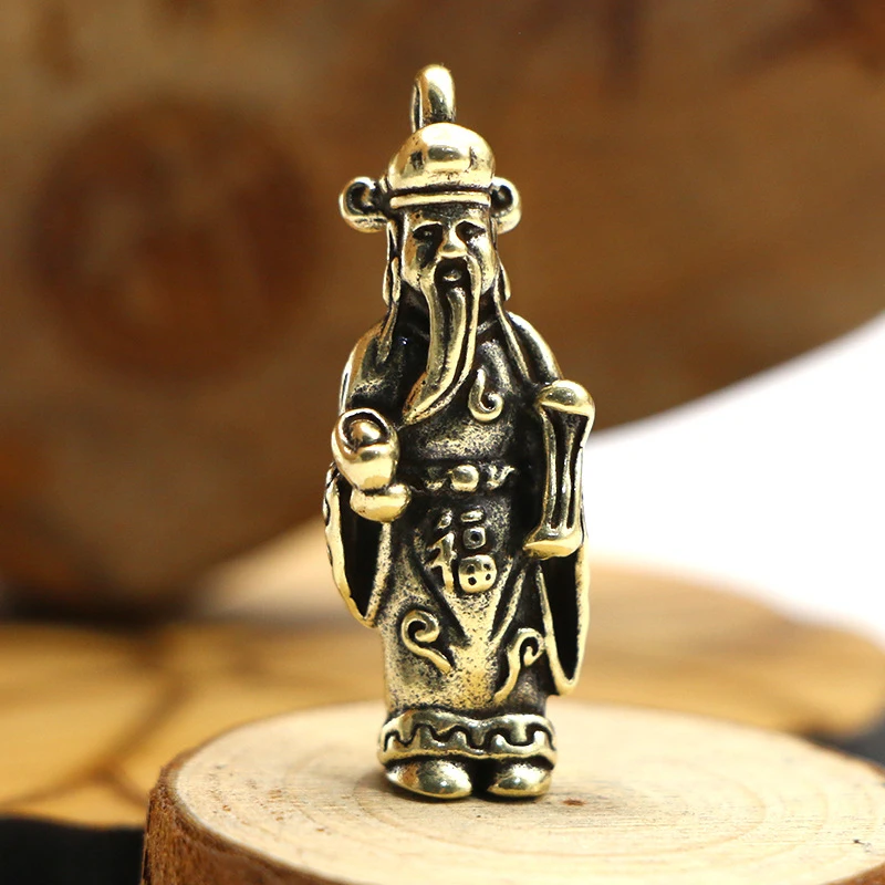 Vintage Brass Chinese Wealth God Figurines Car Key Chain Pendants Brass Keychain Hanging Jewelry Keyrings