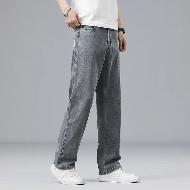 Summer Ultra-thin Lyocell Men's Jeans Drape Soft Fabric Loose Straight Casual Denim Pants Elastic Ice Silk Male Trousers 2