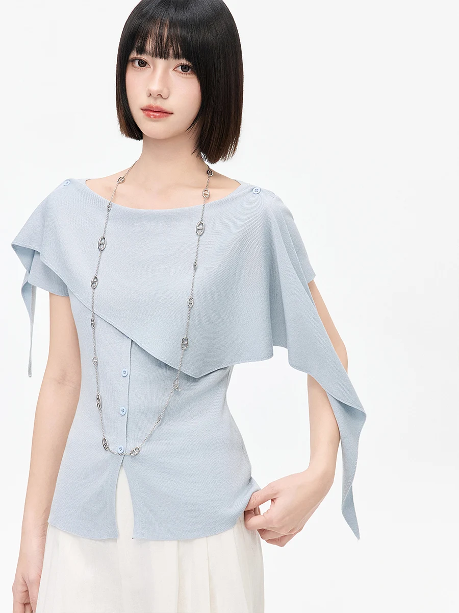 

Элегантная вязаная рубашка Ayemorrey с коротким рукавом и драпированным дизайном-шалью, приталенная, однотонная, для повседневной носки, весна 2026