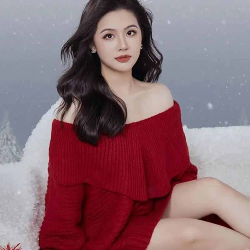 

Pullover Sweater autumn and winter 2023 atmosphere wear red sweater Women Korean design off shoulder knitwear sweater female