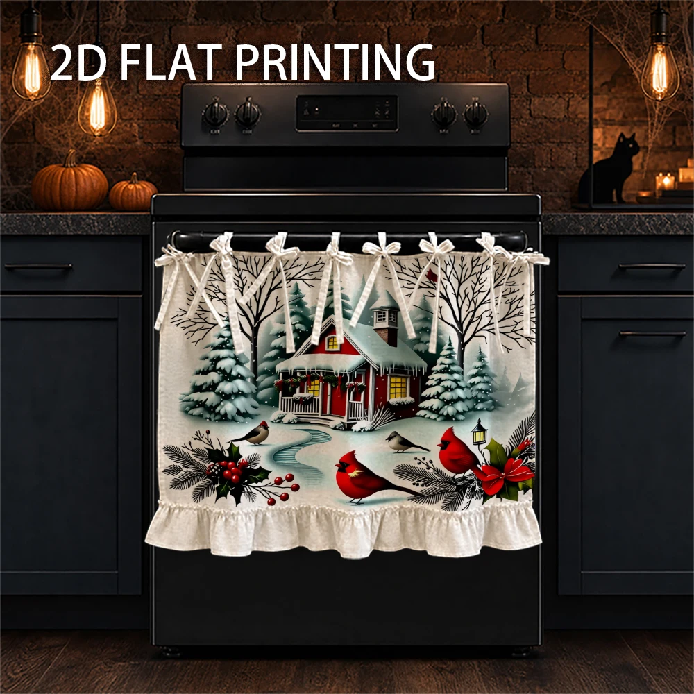 1PC Christmas Kitchen Stove Curtain—Cabinet Curtain—Apron. Features a print of a snow-covered cottage, pine trees, and birds. Ca