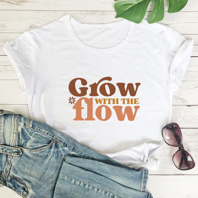 colored grow with the flow tshirt vintage women short sleeve Mental Health flower tee shirt top