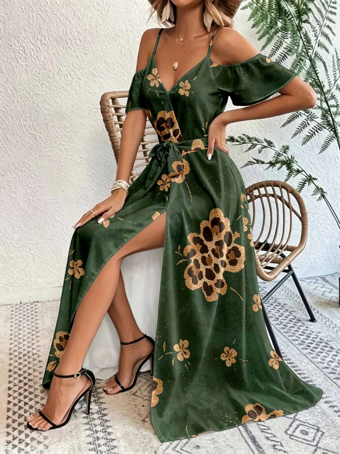 Strap off shoulder short sleeved long dress with a cinched waist and split straps, exuding a relaxed and elegant vacation vibe