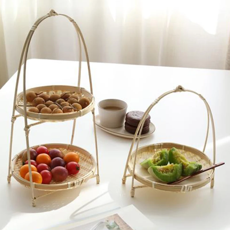 Bamboo Weaving Straw Baskets Tier Rack Wicker Fruit Bread Food Storage Kitchen Decorate Round Plate Stand Container-Single Layer