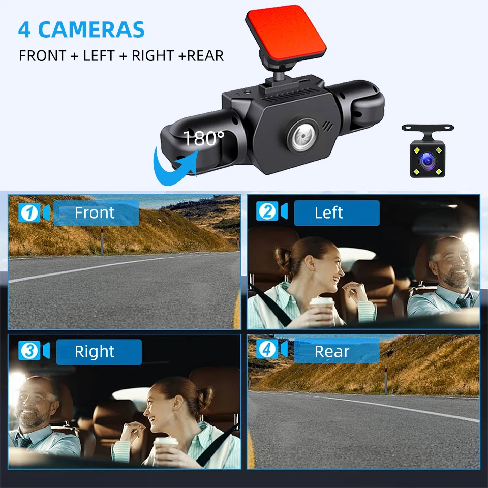عدسة E-ACE 4 360 °   كاميرا داش للسيارات DVR 1080P 4-قناة كاميرا أمامية مسجل فيديو اختياري كاميرا الرؤية الخلفية الصندوق الأسود