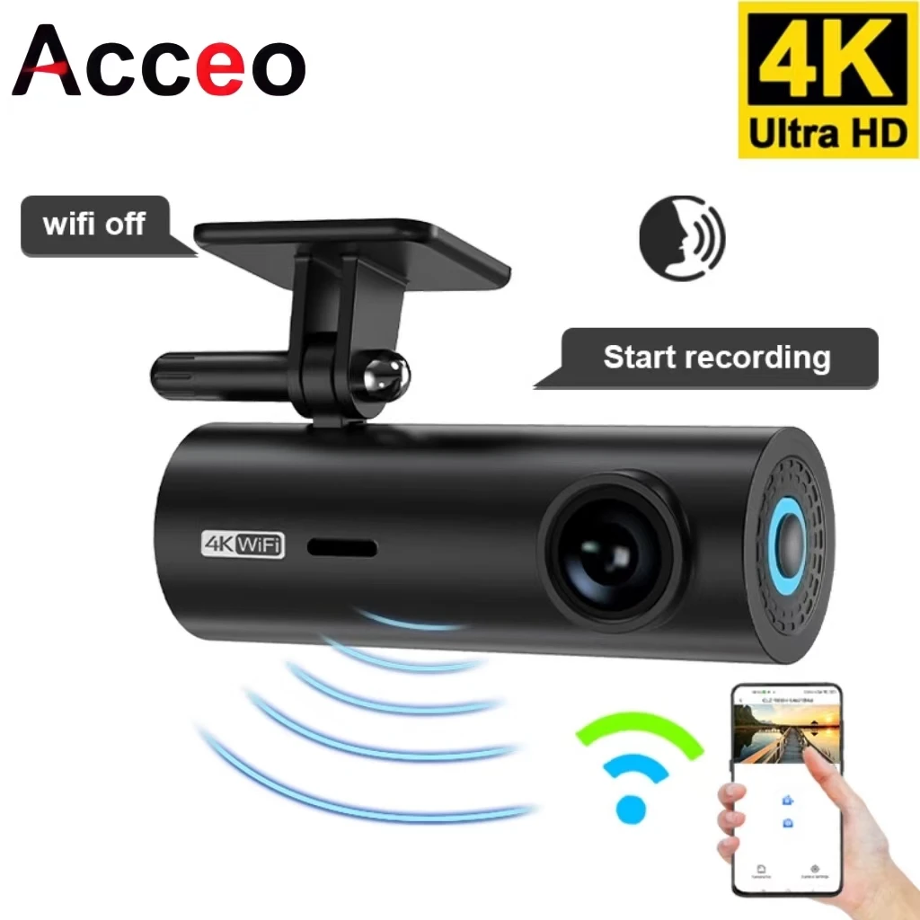 ACCEO B47P Smart Dash Cam Car DVR 4K HDR WiFi Recorder Night Vision Voice Control Wireless 24-hour Parking Monitoring Black Box