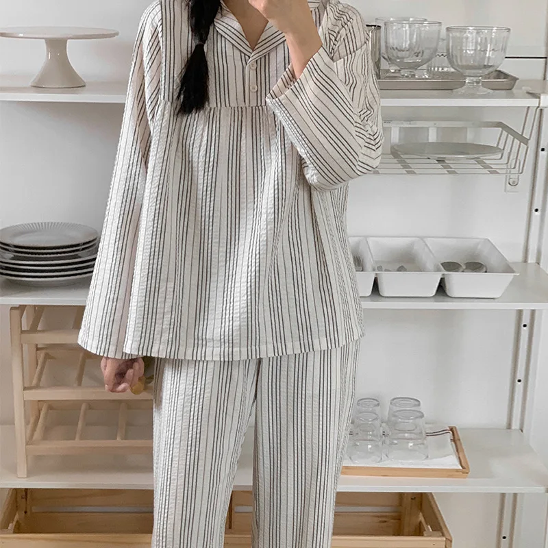 

Комплекты из 100% хлопка из двух предметов, женские наряды, винтажный полосатый топ с длинными рукавами + брюки с эластичной резинкой на талии, корейский модный спортивный костюм