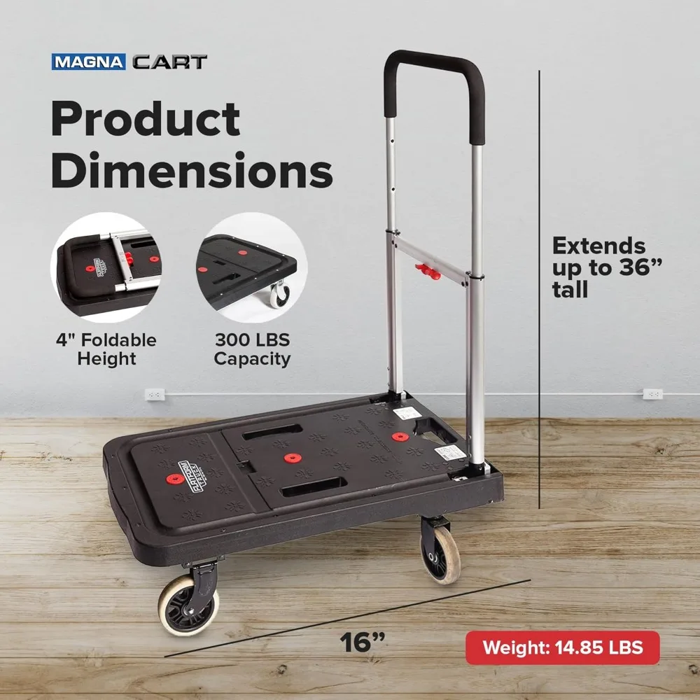 Magna Cart 4 Wheel Folding Platform Dolly Cart made from Heavy-Duty and Durable Aluminum with 300 Pounds Capacity, Lightweight