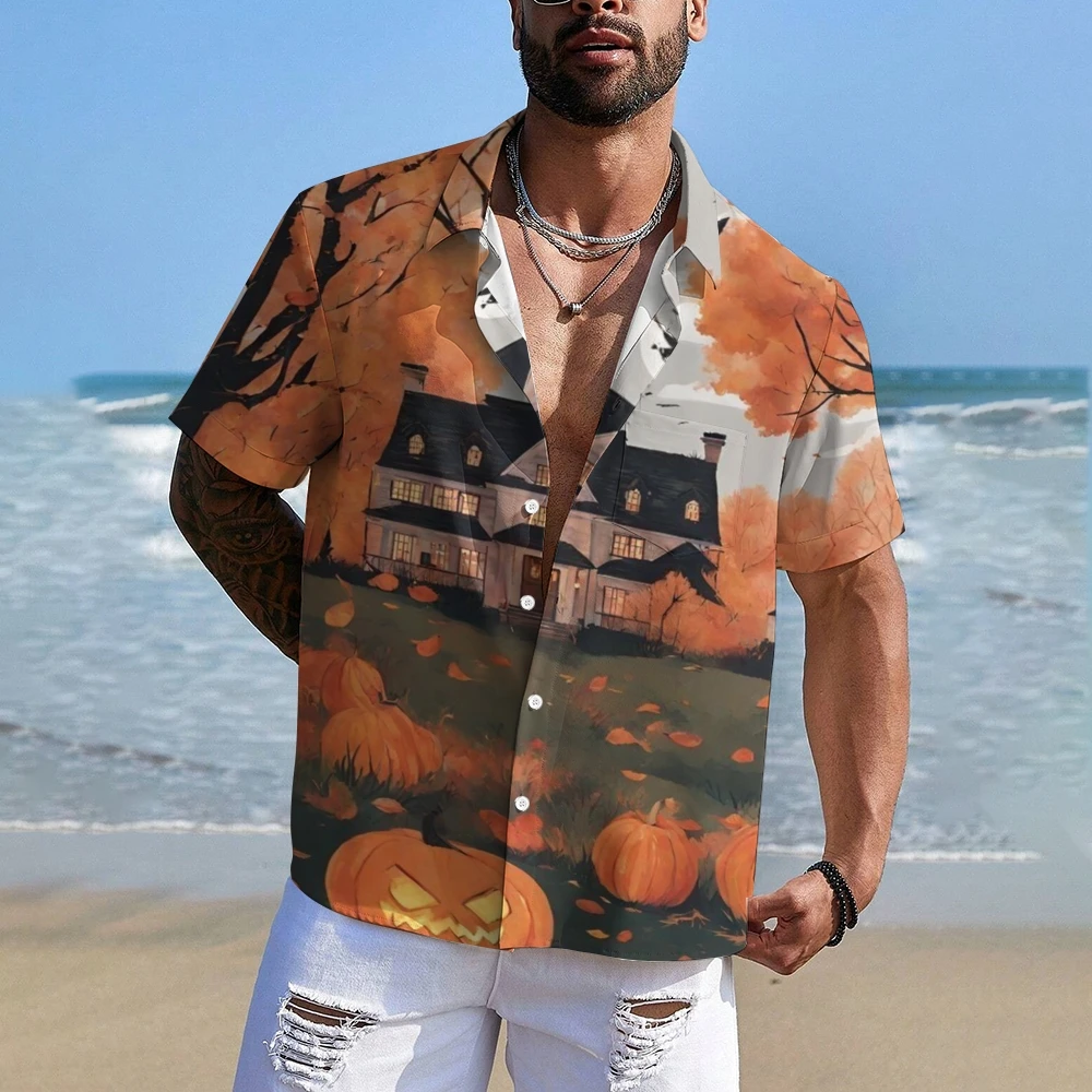 

Spooky Halloween Shirt Halloween Vibes Hawaiian Tee Cozy Halloween Home Shirts Spooky Beach Party Outfit Pumpkins Festival Wears