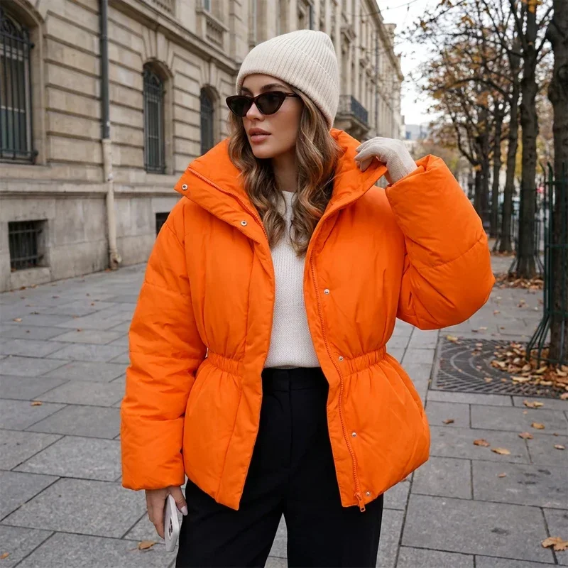 Women Orange Elastic Waist-cinching Puffer Jacket Stand Collar Long Sleeve Quilted Padded Coat 2026 Warm Winter Casual Coats Top