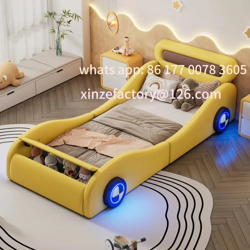 سرير أطفال فردي على شكل سيارة قابل للتخصيص، سرير أطفال مقاس 90 × 200 سم مع عجلات مضيئة ومساحة تخزين، PU للشباب #2